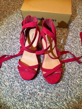 Women’s 11WW extra wide torrid red suede wedges with strap ties back zipper